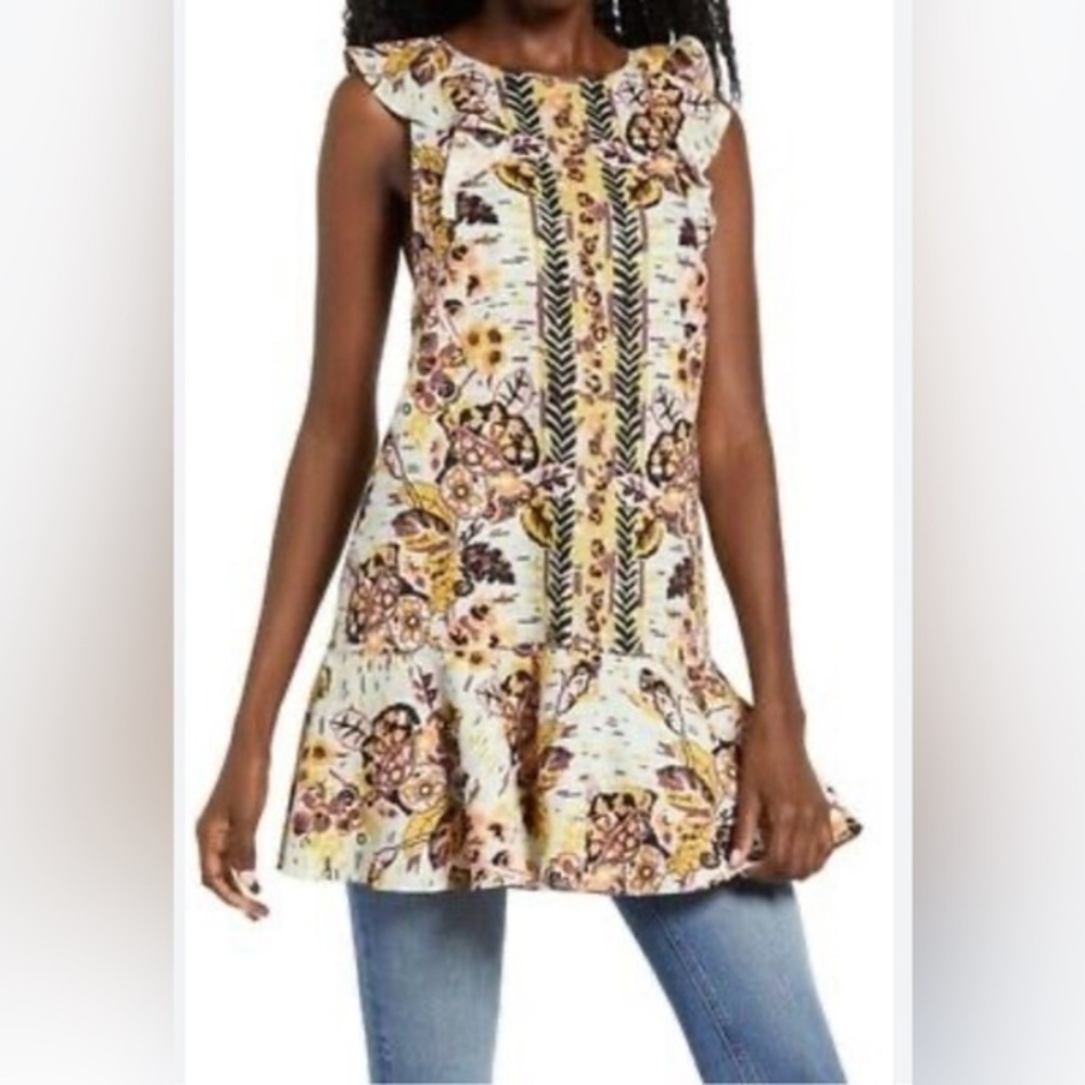 Free People Summer in Tulum Flutter Sleeve Floral Tunic Mini Dress L